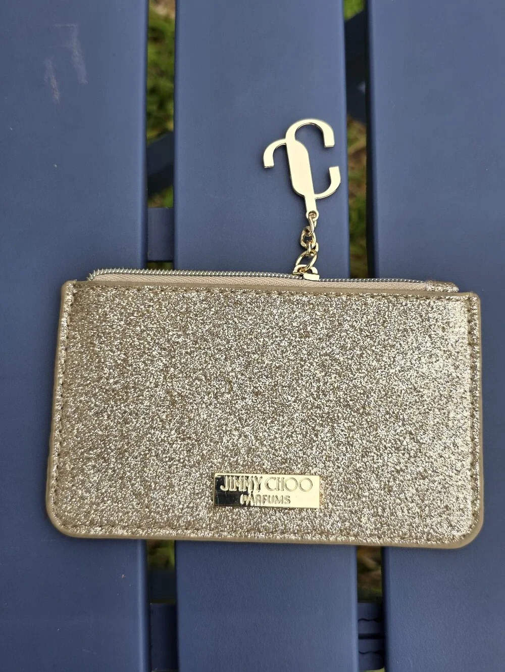 Jimmy Choo Parfums Gold Glitter Zip Pouch Cosmetic Makeup Bag Clutch NWOT 3x5